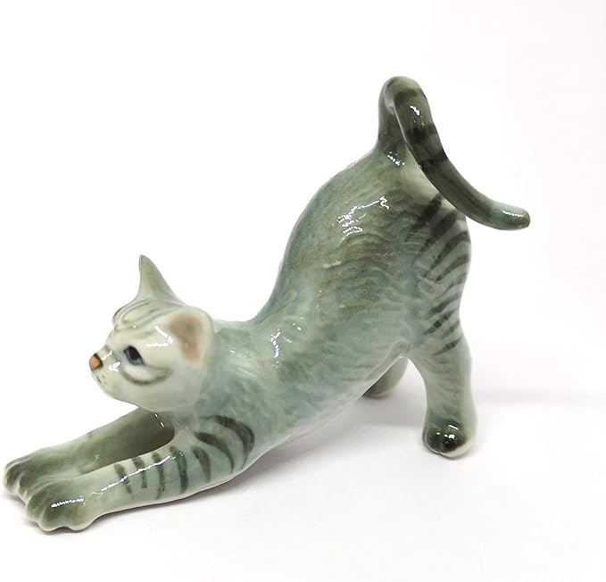 ZOOCRAFT Collectible Cat Figurine Ceramic Pottery Miniature Gray Hand-Painted Figure