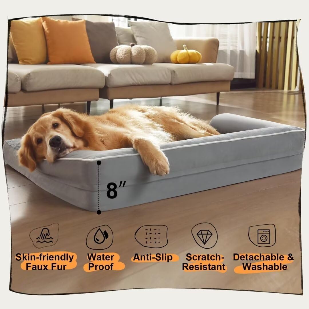 Large Dog Bed Orthopedic Washable, Big Large XXXLarge Dogs, Orthopedic Grey Extra Dog Bed with Waterproof Cover and Removable Egg Foam, Couch Bed Bolster