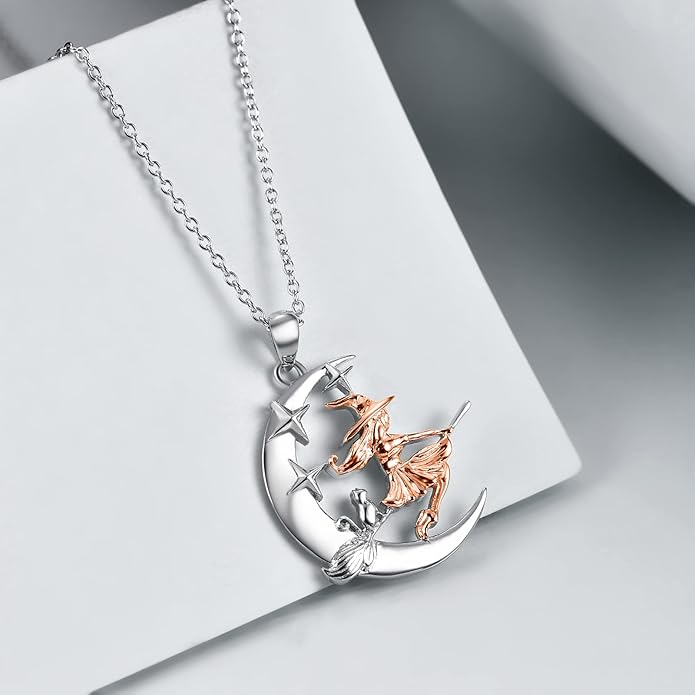 YFN Sterling Silver Cat Witch Necklace Hanging on Broom - Women's Witch Jewelry Gift