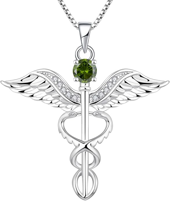 YL Caduceus Necklace Sterling Silver Doctor Nurse Themed Pendant Birthstone Angel Wings Snake Jewelry for Women