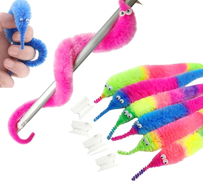 100 Pieces Fuzzy Worm Toys Fluffy Toy Worms Rainbow Worms on String Bulk Trick Toys Carnival Party Favors for Kid Cat
