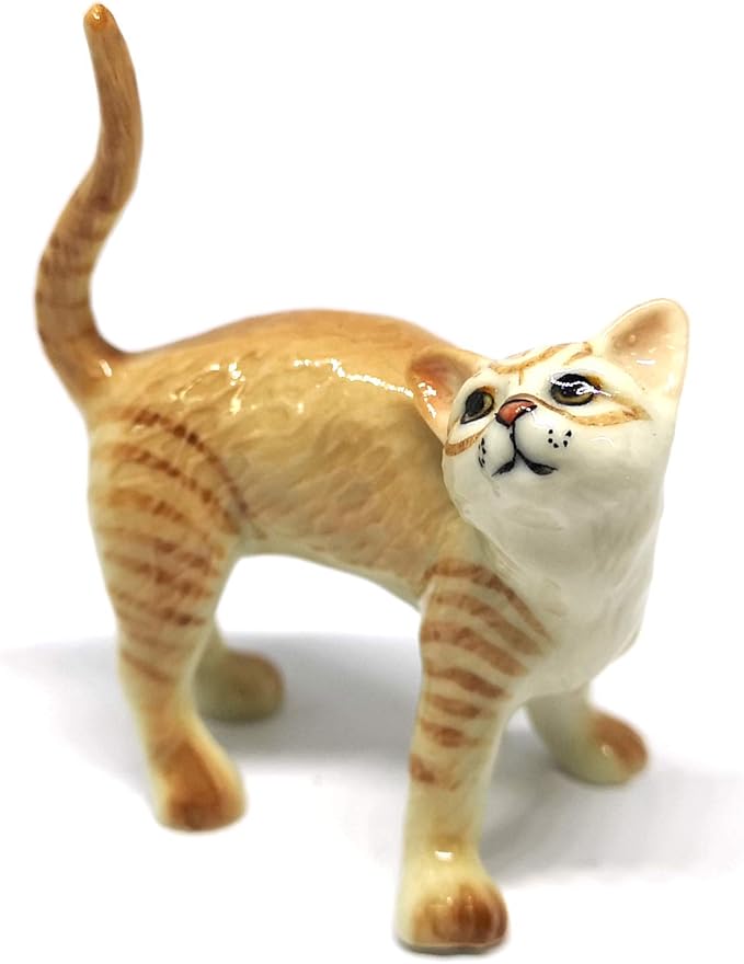 ZOOCRAFT Ceramic Cat Figurine Collectible Stretching Brown Kitty Hand Painted Animal Miniature Home Decor
