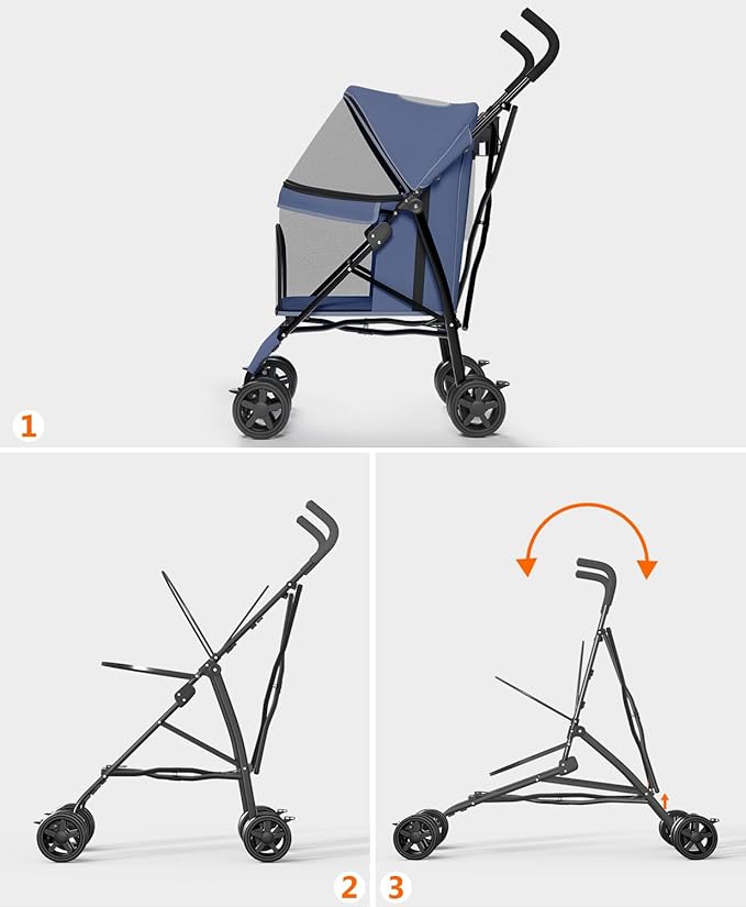 Pet Stroller with 4 Wheels for Small/Medium Pets, Portable Travel Foldable Carrier Jogger for Dog Cat Puppy Kitty, Rear Wheel Breaks, Storage Basket, Visible Mesh Weather Cover (Navy Blue)