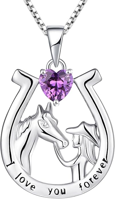 YL Women's Horse Necklace 925 Sterling Silver Horseshoe Pendant Birthstone Animals Jewelry