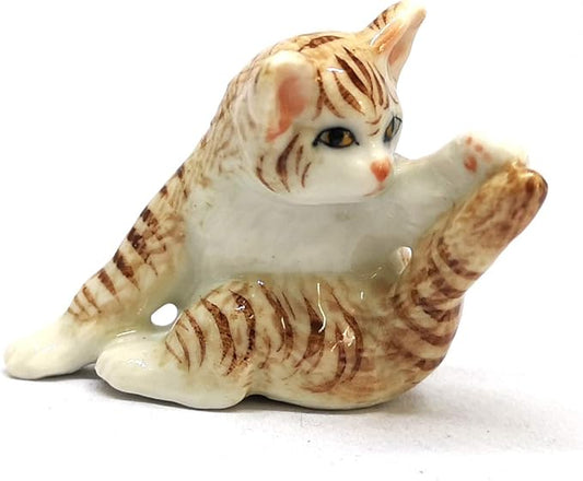 ZOOCRAFT Porcelain Fat Baby Tabby Kitten Cat Figurines Brown Ceramic Handmade Miniatures