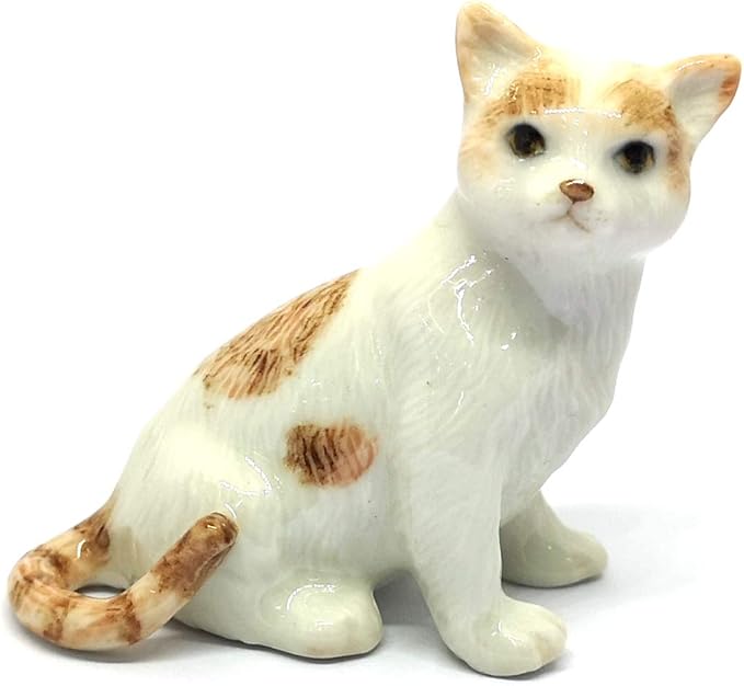ZOOCRAFT Ceramic Cat Figurine Porcelain Handmade Miniatures Collectible White Brown Sitting