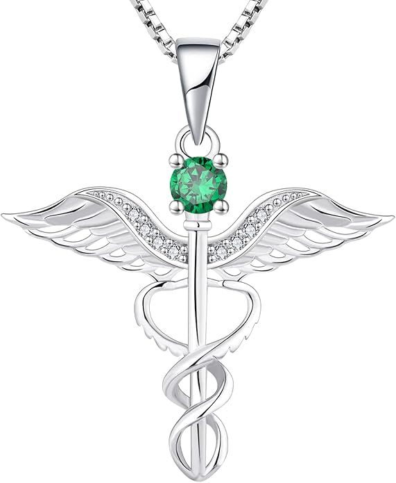 YL Caduceus Necklace Sterling Silver Doctor Nurse Themed Pendant Birthstone Angel Wings Snake Jewelry for Women