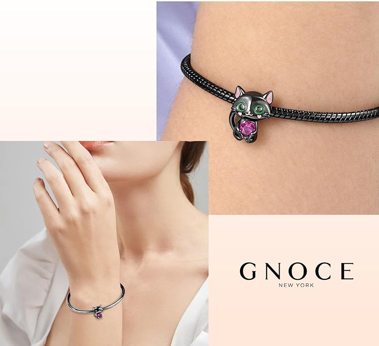 GNOCE Black Cat Embraces Heart Gemstone Charm Bead Sterling Silver Fit Bracelet/Necklace Jewelry Gift For Women Wife