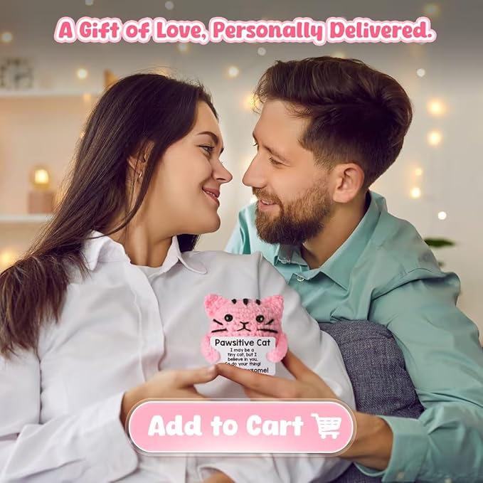 Positive Cat Crochet for Friend Mom Grandma Dad Grandpa Daughter Son Aunt,Pink Cat Gifts for Cat Lover,Emotional Sister Brother Support Small Birthday Gifts Pink