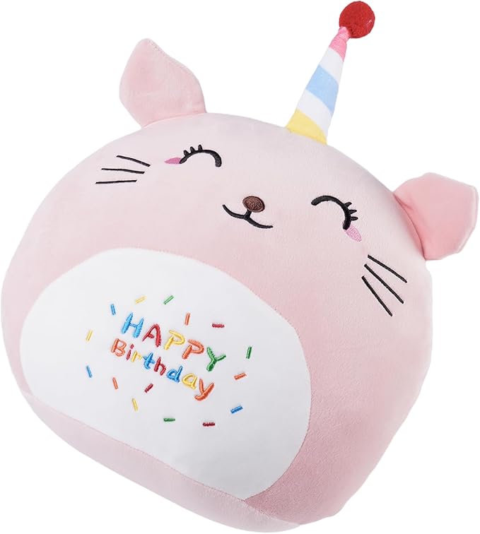 16 Inch Plush Birthday Cat Kitty Stuffed Animal Happy Birthday Cat Hugging Pillow Birthday Cat Plushies Throw Pillow Birthday Pink Cat Kitten Anime Gift for Kids and Lovers