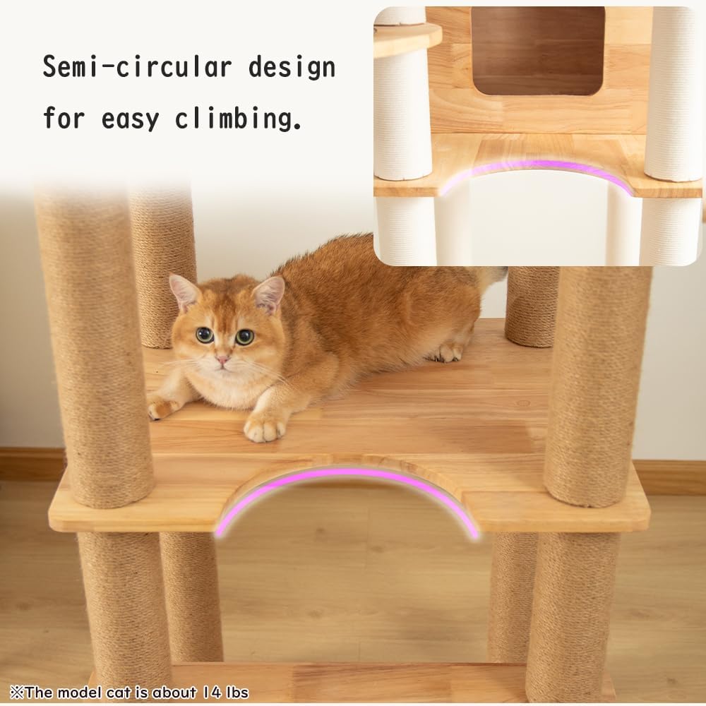 74" Wooden Cat Tree Tower for Large Cats, Multi-Level Cat Climbing Furniture with Scratching Posts, Cat Condo & Hammock, Natural Wood Cat Activity Center (White)