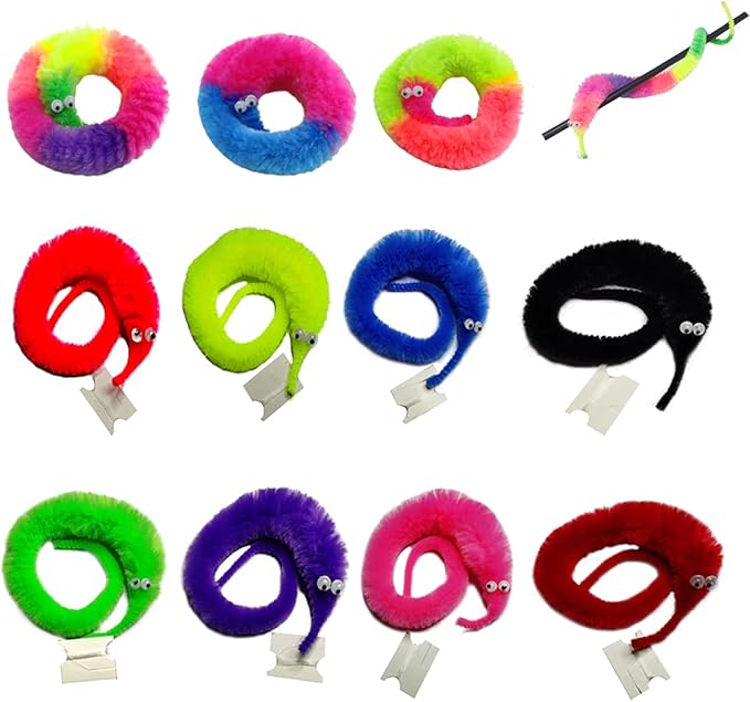 100 Pieces Fuzzy Worm Toys Fluffy Toy Worms Rainbow Worms on String Bulk Trick Toys Carnival Party Favors for Kid Cat