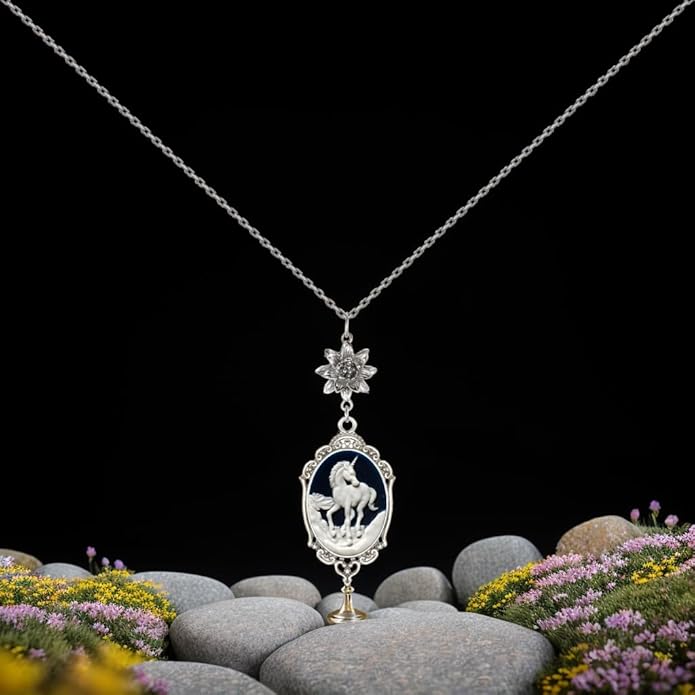 Yspace Lotus Charm Necklace Antique Decor Cameo Pendant 2 Chains Velvet Pouch for Gift