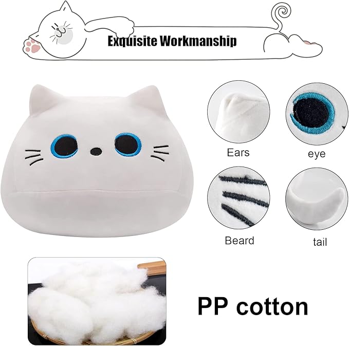 10'' Soft Cute White Cat Plush Toys, Soft Squishy Plushies, Perfect Home Decoration Gift for Cat Lovers, Kids, Boys, Girls (White, 10 Inch)