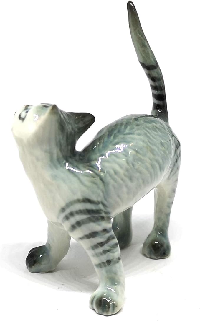 ZOOCRAFT Ceramic Cat Figurine Miniatures Stretching Gray Pet Lovers Collectibles Hand Painted Animal Poecelain