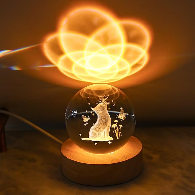 YU FENG 3D Carved Cat Crystal Ball with Luminous Base for Cat Lovers 2.36 Inches