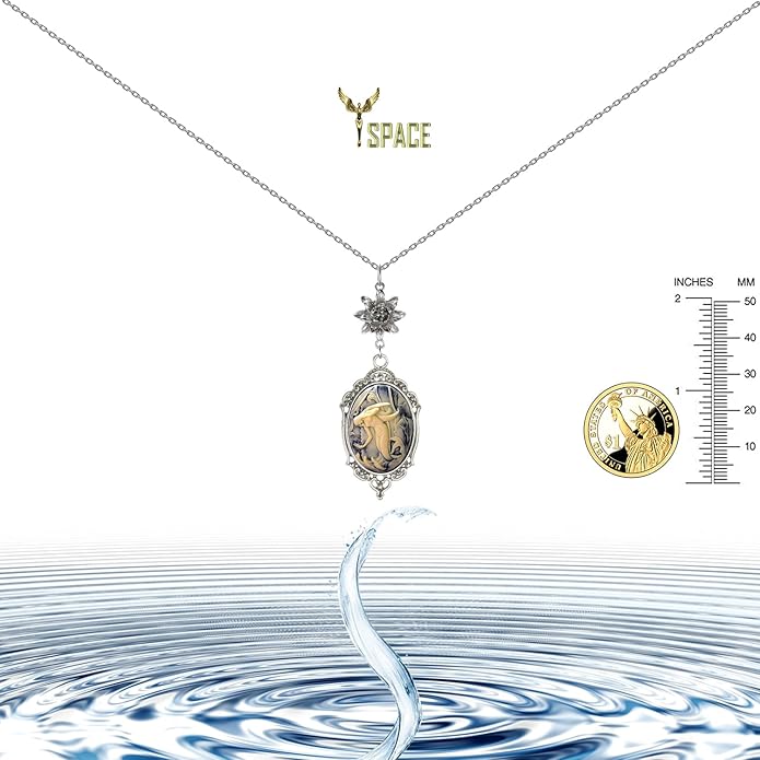Yspace Lotus Charm Necklace Antique Decor Cameo Pendant 2 Chains Velvet Pouch for Gift