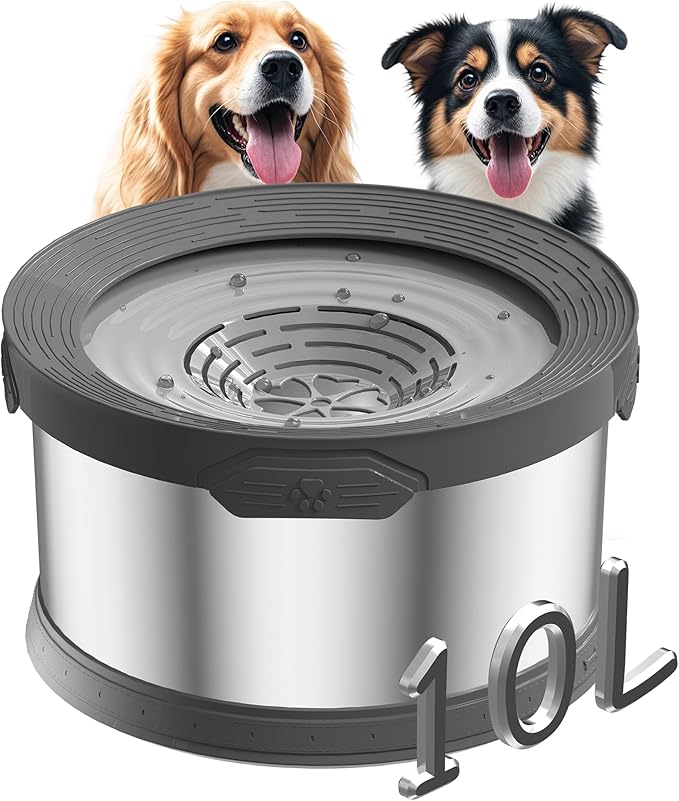 10L Dog Water Bowl No Spill 2.6 Gallon Super Large Capacity Stainless Steel No Splash Dog Bowls 338oz Slow Drinking Feeder with Non-Slip Base Pet Water Dispenser for Dogs