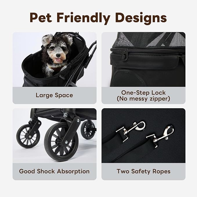 【One-Pull Open Ver.】 PETTENA One-Touch Foldable Dog Stroller for Small Dogs Cats up to 44 Lbs, Cat Stroller for 2 Cats, Large Space, Black