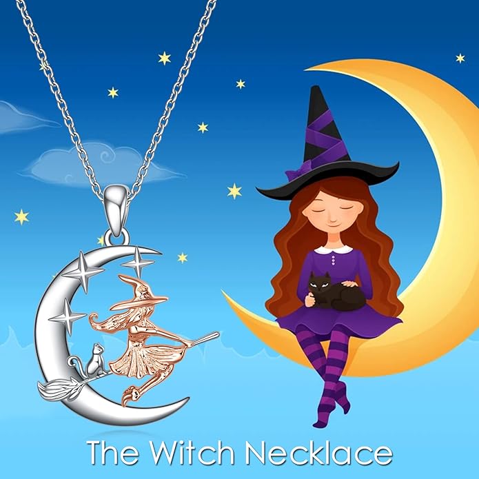 YFN Sterling Silver Cat Witch Necklace Hanging on Broom - Women's Witch Jewelry Gift