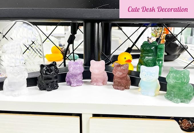 DUQGUHO Rose Quartz Cat Crystal Figurines - Lucky Cute Cat Statue for Room Desk Pink Decor Gifts 1PC