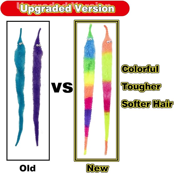 10 PCS Rainbow Fuzzy Worms On String Bulk Trick Toy Party Favors for Kid Cat ,Fuzzy Worm Toys String Pets