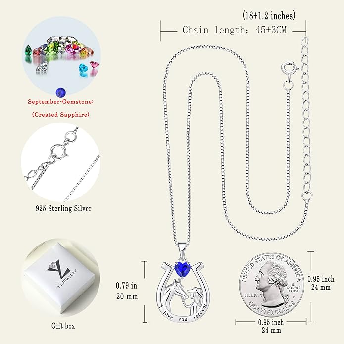 YL Women's Horse Necklace 925 Sterling Silver Horseshoe Pendant Birthstone Animals Jewelry