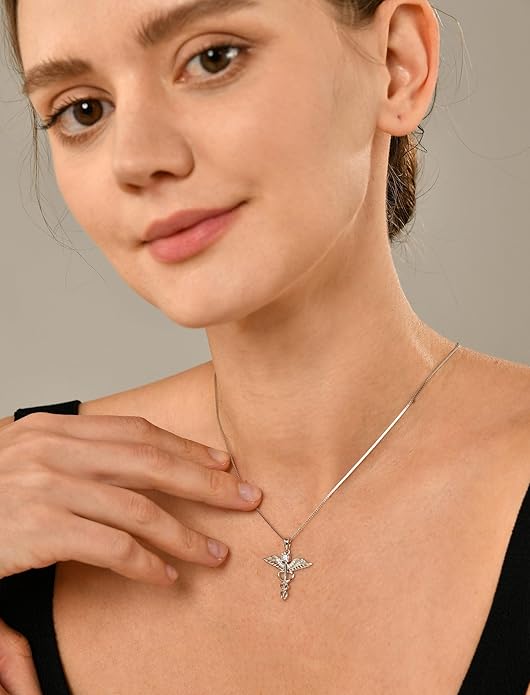 YL Caduceus Necklace Sterling Silver Doctor Nurse Themed Pendant Birthstone Angel Wings Snake Jewelry for Women