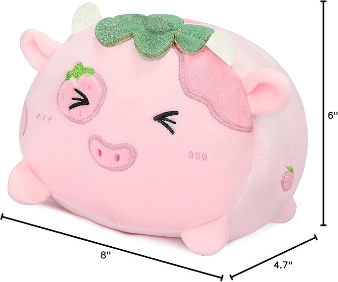 AIXINI Cute Strawberry Cow Plush Pillow 8” Cow Stuffed Animal, Soft Kawaii Plushies Hugging Plush Pillow Toy Gifts