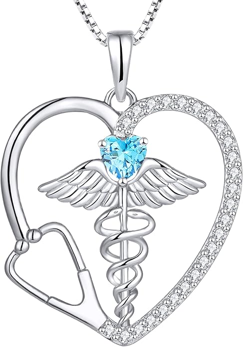 YL Caduceus Heart Necklace for Women Sterling Silver Doctor Nurse Themed Stethoscope Pendant Birthstone Angel Wings Snake Jewelry