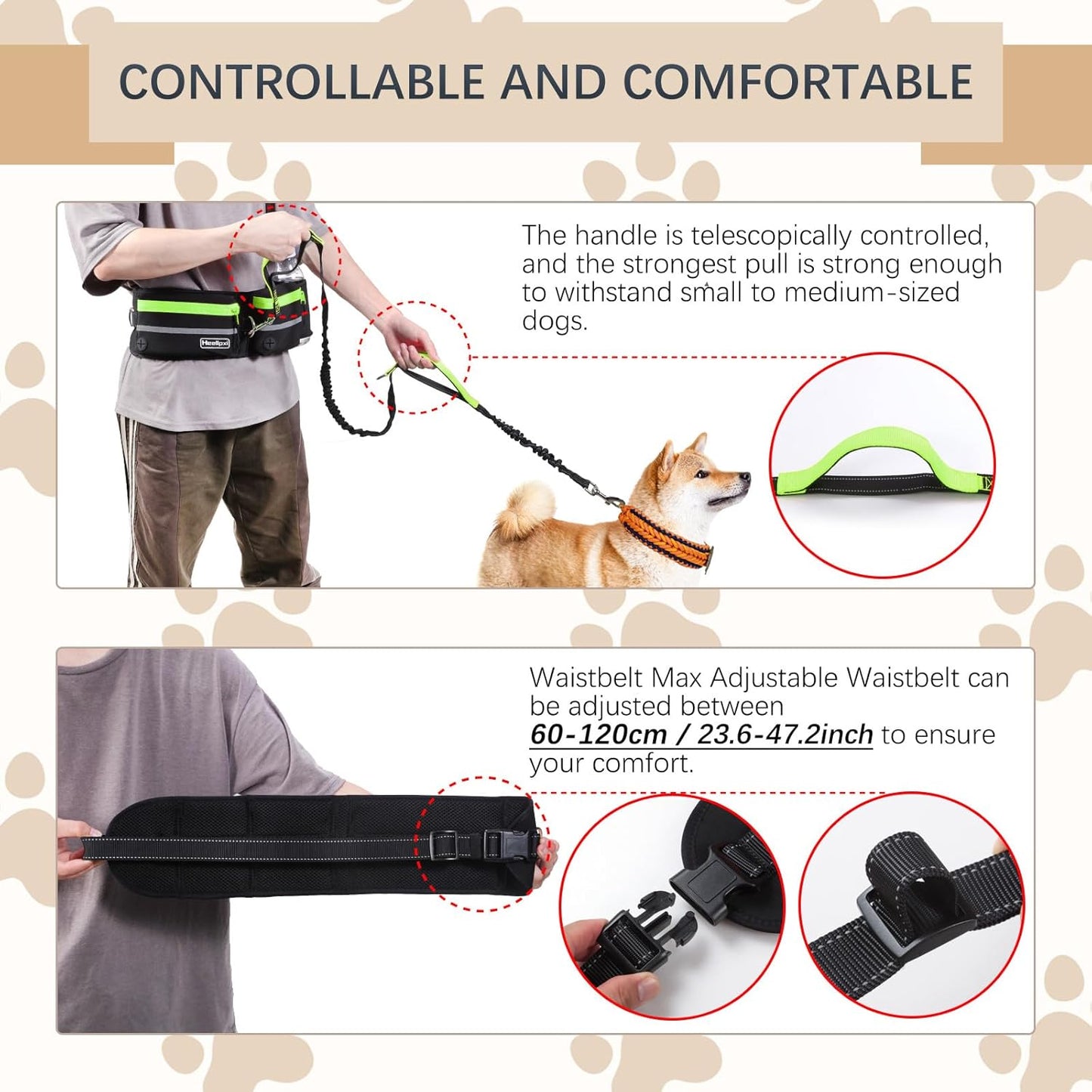 Hands-Free Waist Leash with Pouch for Two Dogs: Reflective Stitching, Dual Handle & Bungee Retractable Design – Ideal for Medium to Large Dogs (Green) – Dog Walking Accessories