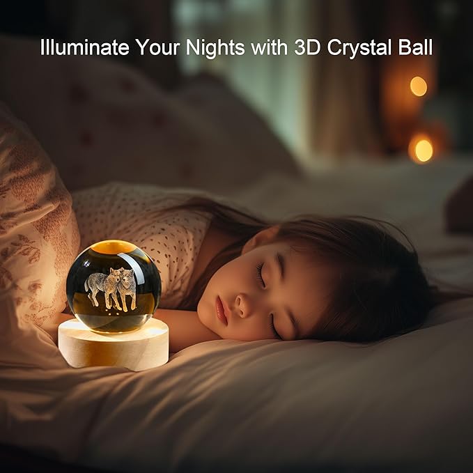YU FENG 3D Carved Wolf Crystal Ball with Warm White Light Base 2.36 Inch