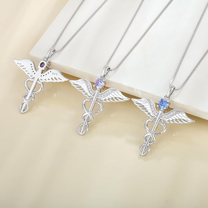 YL Caduceus Necklace Sterling Silver Doctor Nurse Themed Pendant Birthstone Angel Wings Snake Jewelry for Women