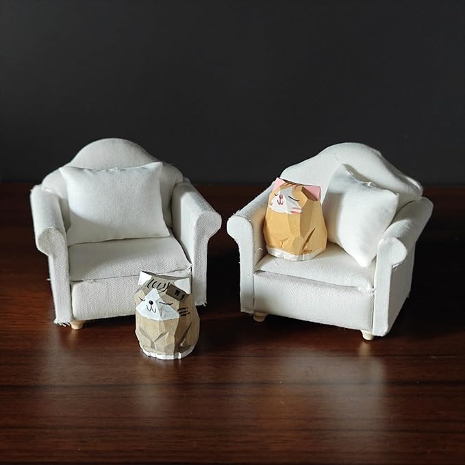 Miniature Wooden Cat Figurines with Sofa – Handcrafted Decorative Cats Set, 3 x 3.1 Inches, Home Décor for Desk, Bookshelf, and Living Spaces