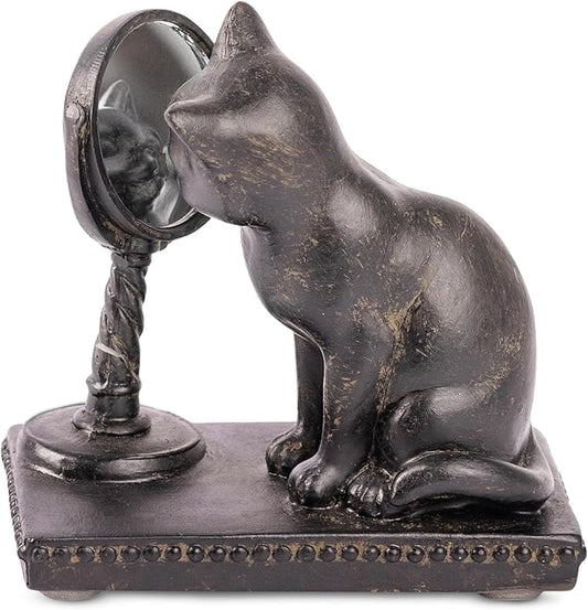 Young's Inc. Cat Figurine - Cute Cat Statue - Whimsical Cat Decor for Cat Lovers - Cat Collectibles and Meditation Decor - Cat with Mirror - 4'' L X 2'' W X 4'' H