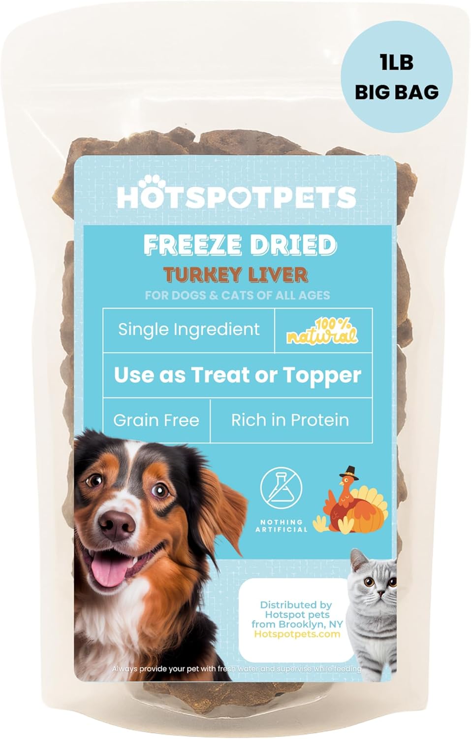 hotspot pets Freeze Dried Turkey Liver Treats for Cats & Dogs -Made in USA, 1lb Big Bag, Single Ingredient All Natural Grain-Free Turkey Liver- Crunchy, Perfect for Training, Topper or Snack