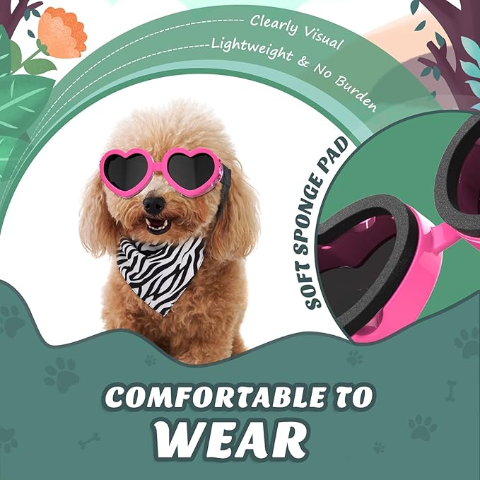 2 Pack Small Dog Sunglasses UV Protection Goggles Eye Wear Protection with Adjustable Strap Doggy Heart Shape Anti-Fog Sunglasses for Pet Dogs Sun Glasses Doggie Windproof Glasses, Pink