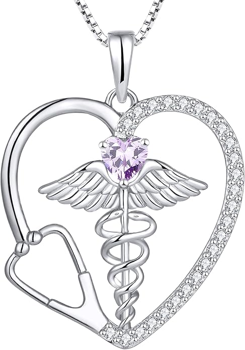 YL Caduceus Heart Necklace for Women Sterling Silver Doctor Nurse Themed Stethoscope Pendant Birthstone Angel Wings Snake Jewelry