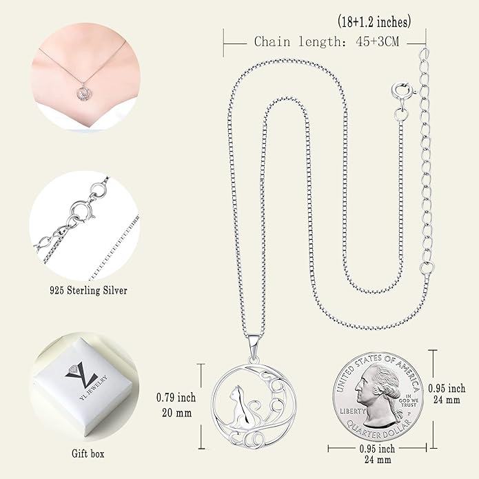 YL Women's Cat Necklace 925 Sterling Silver Heart Pendant Filigree Moon Jewelry for Girls