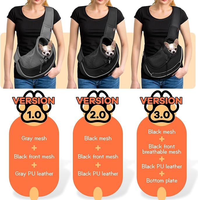 YUDODO Pet Sling Carrier for Small Dogs & Cats – Hands-Free Puppy Carrier with Safety Hook, Large Zipper Pocket, Soft Breathable Mesh, Adjustable Strap & Reflective Strip (Black 1.0 S)
