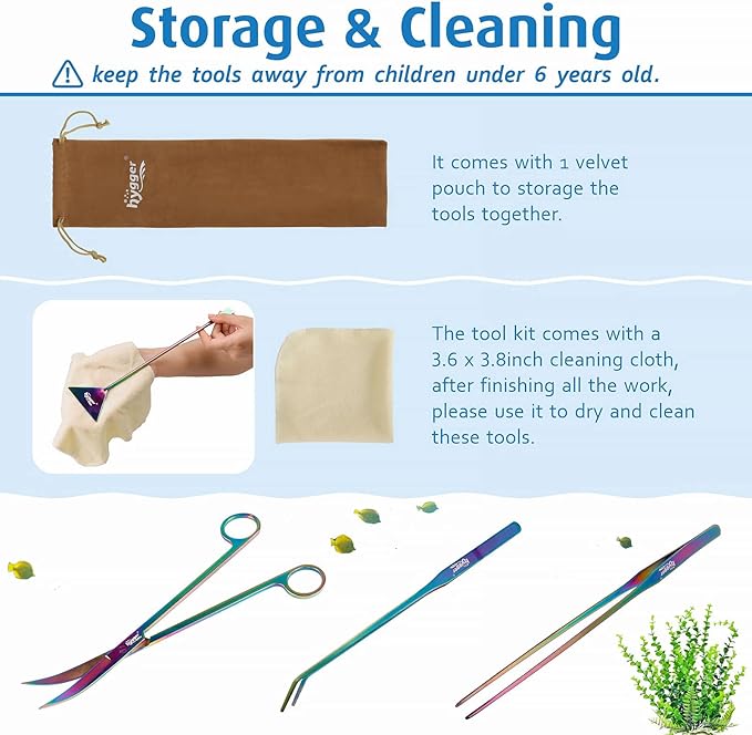 hygger 6-in-1 Long Aquarium Aquascaping Tools Kit, Color Stainless Steel Premium Aquatic Plant Tweezers Scissors Spatula Kit Comes with 1 Tool Holder and 1 Cleaning Cloth, for Fish Tank Starters