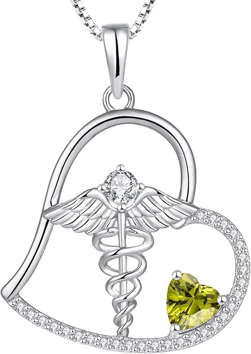 YL Caduceus Heart Necklace Sterling Silver Doctor Nurse Themed Pendant Gemstones Angel Wings Snake Jewelry for Women