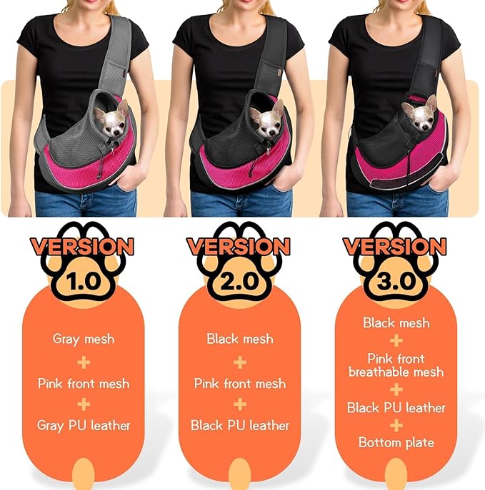 YUDODO Pet Sling Carrier for Small Dogs & Cats – Hands-Free Puppy Carrier with Safety Hook, Large Zipper Pocket, Soft Breathable Mesh, Adjustable Strap & Reflective Strip (Pink 1.0 S)