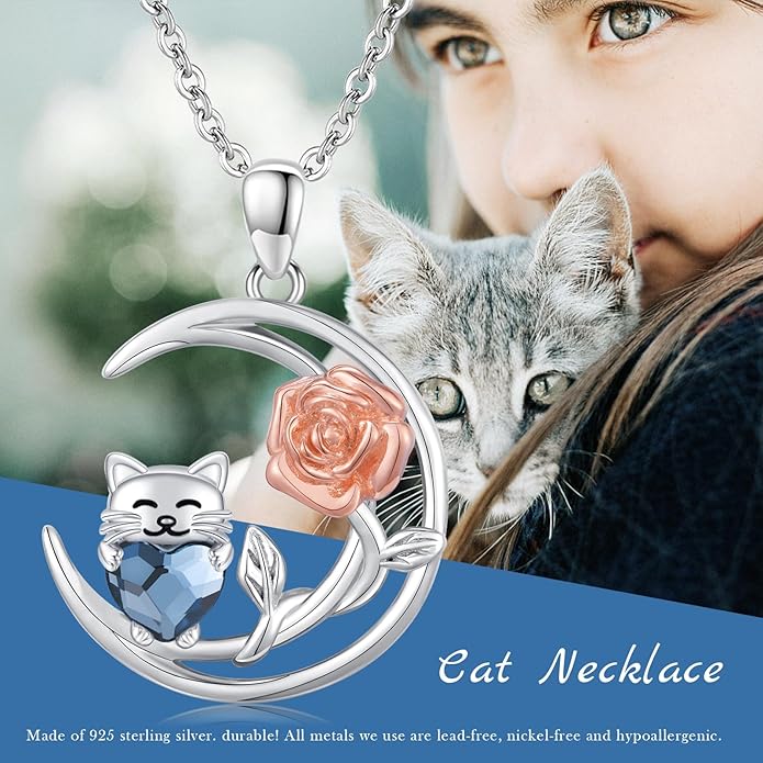 JUSTKIDSTOY Sterling Silver Cute Animal Pendant Necklace with Crystal Cat Pendant - Women's Cat Lovers Jewelry Gift