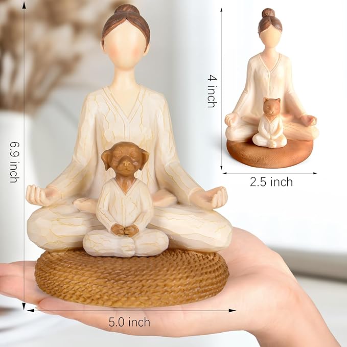 Yoga Meditation Statue Gifts for Women - Mini Yoga Girl with Cat Dog Figurines Gift for Office Cute Relaxation Gifts for Yoga Lovers & Cat Dog Lover Resin Yoga Figurine Decor Table Ornament