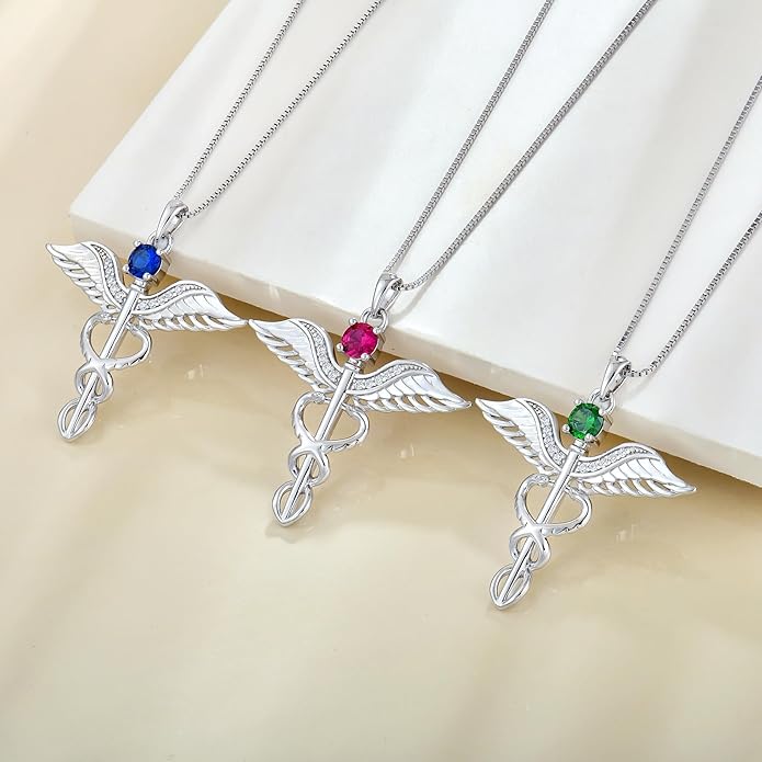 YL Caduceus Necklace Sterling Silver Doctor Nurse Themed Pendant Birthstone Angel Wings Snake Jewelry for Women