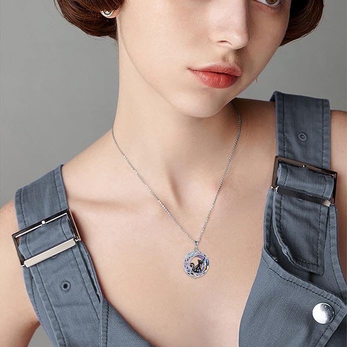 925Sterling Silver Moon Black Cat Necklace for Women Tree of Life Cat Jewelry for Women Abalone Necklace for Cat Lover Birthday
