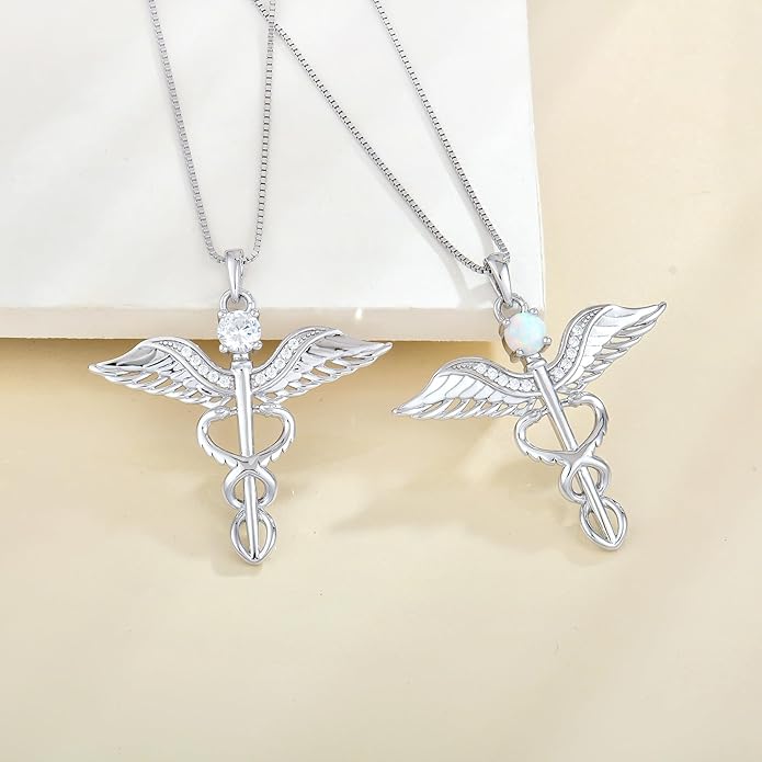 YL Caduceus Necklace Sterling Silver Doctor Nurse Themed Pendant Birthstone Angel Wings Snake Jewelry for Women