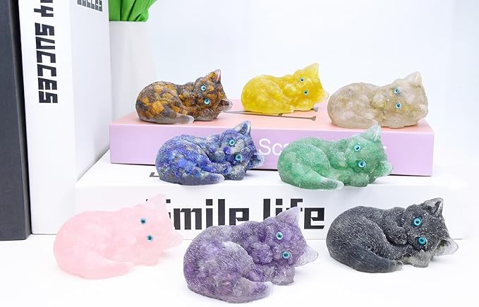 DUQGUHO Rose Quartz Cat Decor Crystal Gifts for Cat Lovers Sleeping Cat Statue Figurines Crystal Healing Stone Cute Resin Cat Gifts for Women Home Decoration 1PC