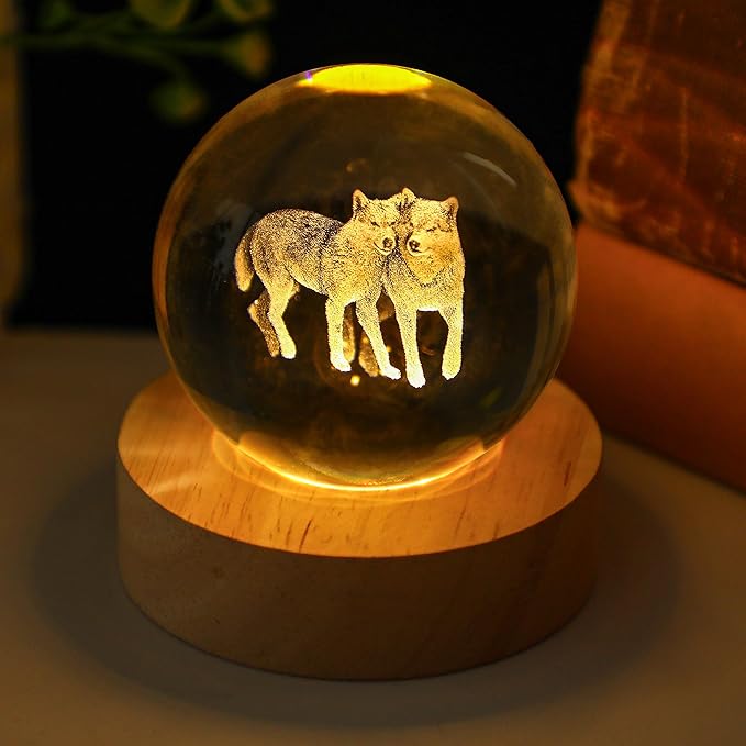 YU FENG 3D Carved Wolf Crystal Ball with Warm White Light Base 2.36 Inch